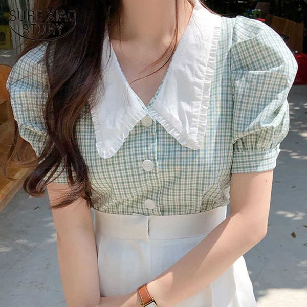 

vintage retro plaid single-breasted shirt female puff sleeve summer women blouses korean fashion chic femme blusas 14793 210527, White