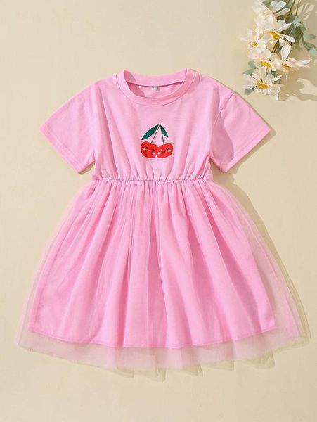 

toddler girls cherry print mesh overlay dress she, Red;yellow