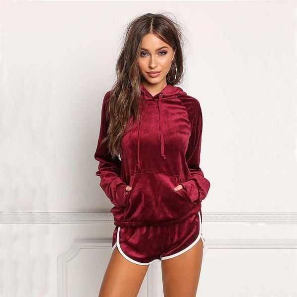 

two piece set autumn spring hooded velvet velour suit short pants fitness tracksuit shining outfits 2 piece sports set women, Gray