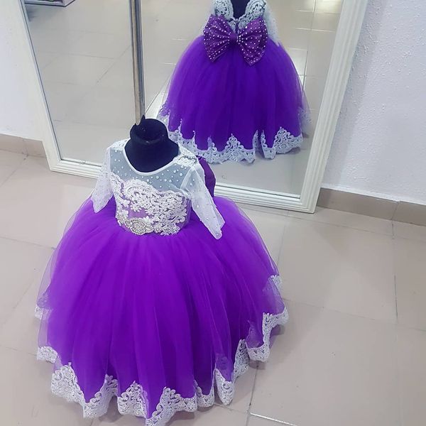 

white lace purple flower girls dresses for wedding toddler cupcake ball gown hollow long sleeves pageant first communion dress, White;blue