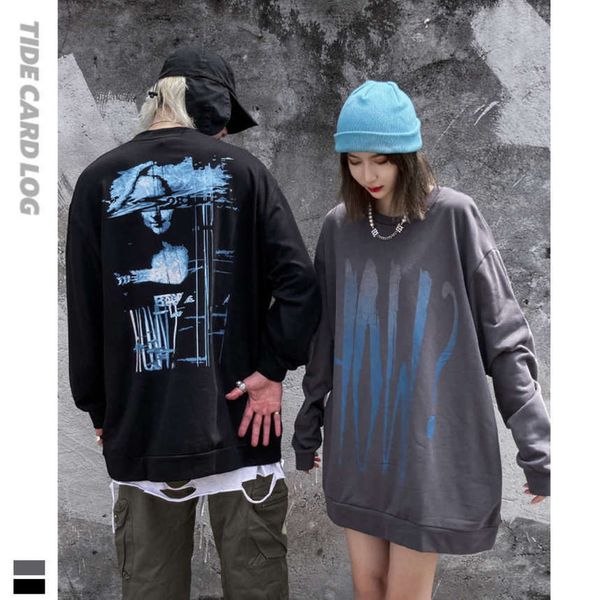 

autumn winter new high street loose round neck gradient art letter printed sweater long sleeve men's and women's bottom, Black