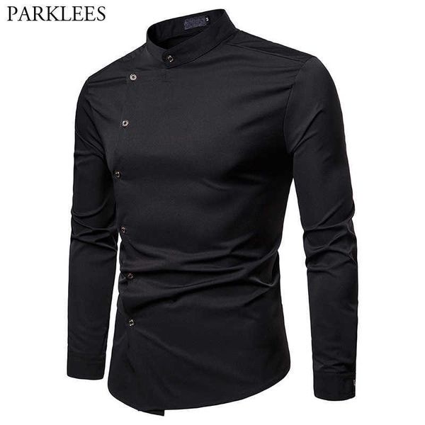 

black mandarin collar slant button shirt men slim fit long sleeve tuxedo dress casual wedding chemise homme 210809, White;black