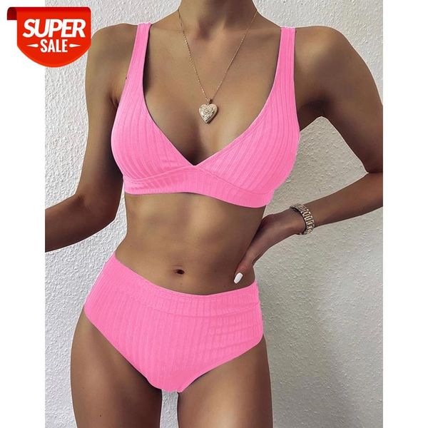 

Sexy Solid Ribbed Bikinis High Waist Swimsuit Women V Neck Swimwear Female Sport Bathing Suit Stripe Bikini #Xl6g, White;black