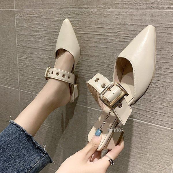 

slippers elegant mules women closed leather casual 2021 woman metal buckle high heels female pointed toe shoes, Black