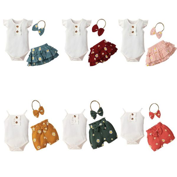 

clothing sets baby girls summer 3pcs solid ribbed knitted button bodysuits +daisy print cotton linen skirts/shorts+headband, White