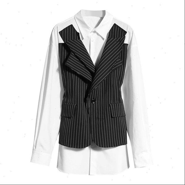 

deat] women black striped split big size blouse new lapel long sleeve loose fit shirt fashion tide spring summer 2021 1w022, White