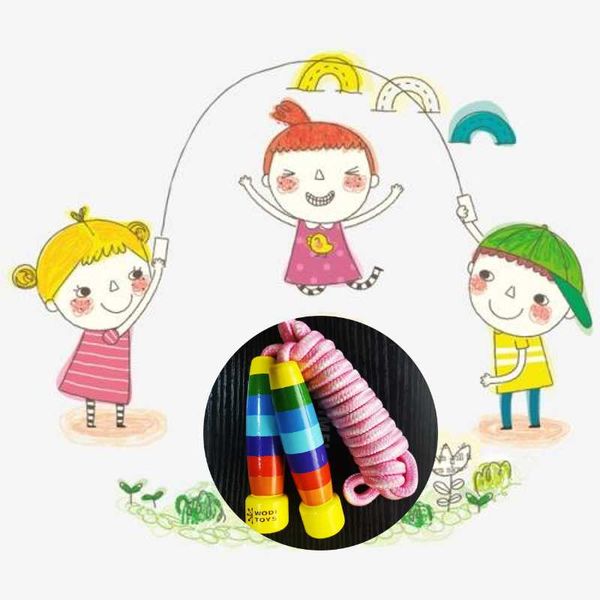 

jump ropes cotton woven rope rainbow wood handle children kid 3 people group skip
