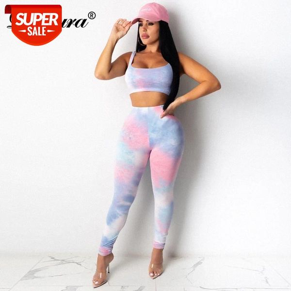 

dulzura tie dye women 2 piece set crop leggings fitness bodycon streetwear 2020 summer outfit sports club party co ord #4s7a, White