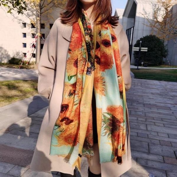 

scarves winter 100% ring cashmere wraps printed sunflower design brand women warm oversize shawls fall head scarf hijab, Blue;gray