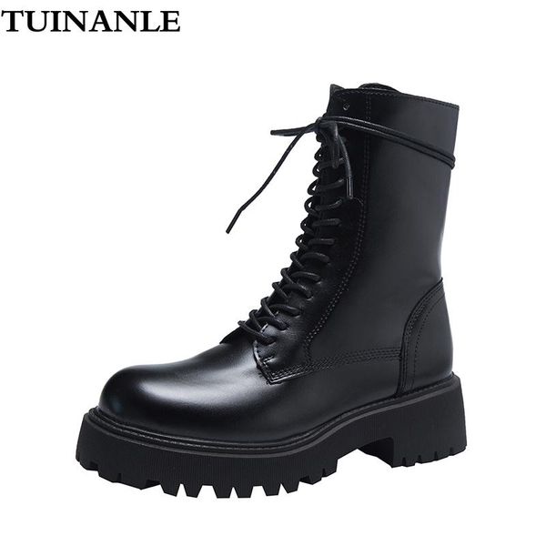 

boots tuinanle woman ankle chunky shoes women lace up autumn daily short footwear for zapatos de mujer, Black