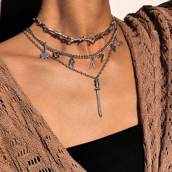 

ornament exaggeration punk thorn cross chain letter ax necklace set, Silver