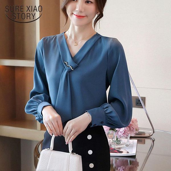 

women's blouses & shirts spring v neck blouse women plus size 2021 autumn lantern long sleeve chiffon shirt solid korean office lady p, White