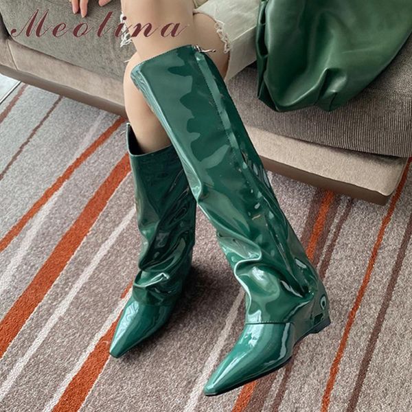 

boots meotina cow patent leather knee high women shoes autumn wedges heel pleated pointed toe zipper ladies 42, Black