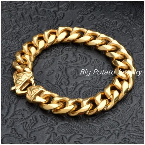 

charm bracelets 8.66"*15mm 74g jewelry charmings 316l stainless steel gold curb cuban chain men's bracelet bangle fashion button, Golden;silver