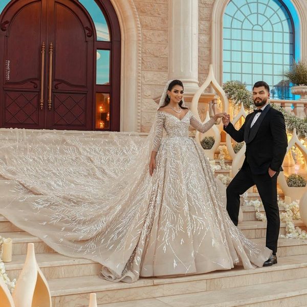 

a line muslim wedding dress 2021 v neck illusion long sleeves cathedral bridal gowns custom made beading vestido de novia, White