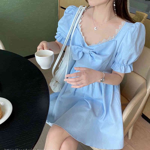 

casual dresses bow design kawaii vingate women puff sleeve elegant mini party korean office lady summer n0nt, Black;gray