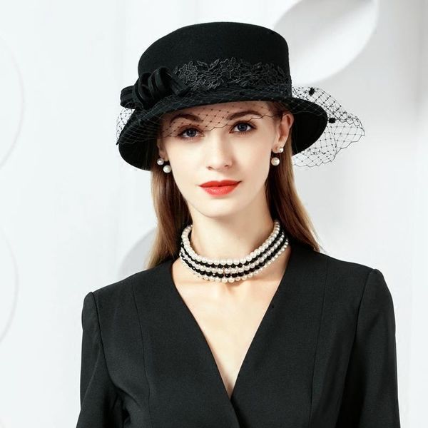 

stingy brim hats 100% wool with veil ladies black fascinators for women elegant wedding party cocktail hat fedora m662, Blue;gray