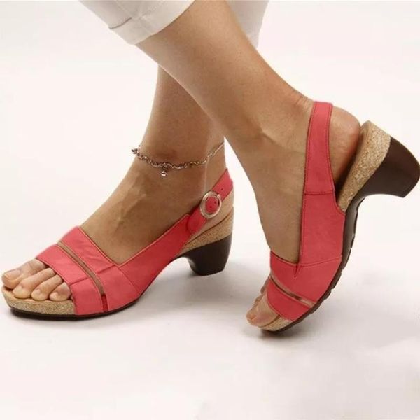 

sandals 2021 summer women's fashion pu leather elegant thick heel buckle comfortable formal 5ke250, Black