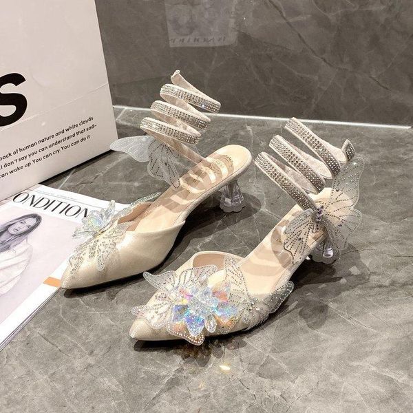 

sandals 2021 summer online influencer bow snake-shaped elegant high heel toe box and slippers rhinestone, Black