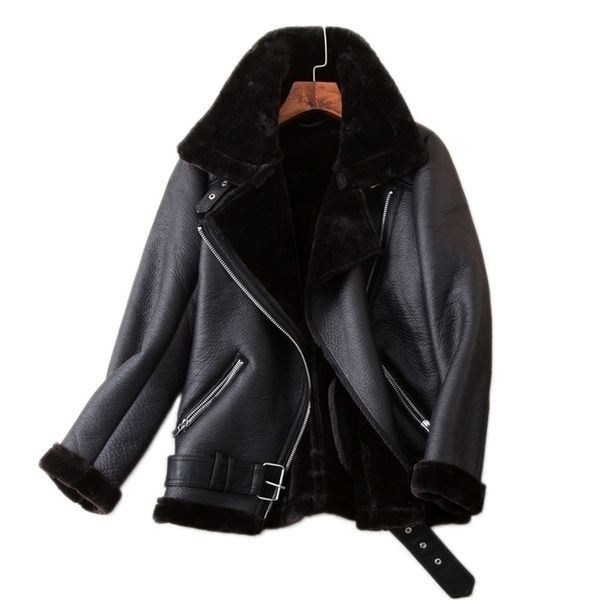 Aigo inverno casaco espessura faux couro pele pele de carneiro feminino outwear casaco feminino 210916