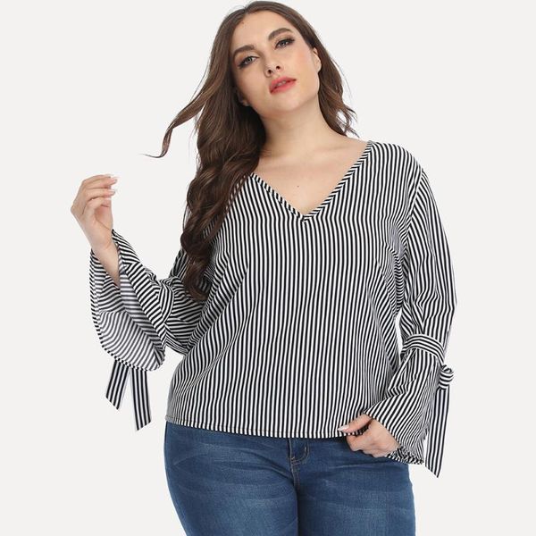 

plus size t-shirt 2021 autumn blouse women elegant stripe tunic shirt v-neck flare sleeve oversized ladies 4xl femme, Black