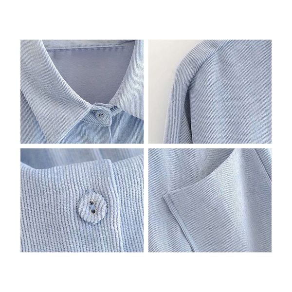 

2021 new women casual oversize blouse corduroy blue turndown collar long sleeve single breasted shirt womens blusas mujer 08h4, White
