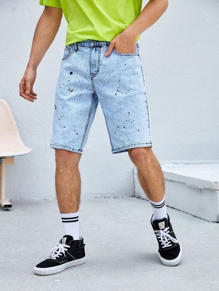 

men splatter painting denim bermuda shorts 13m2#, Blue