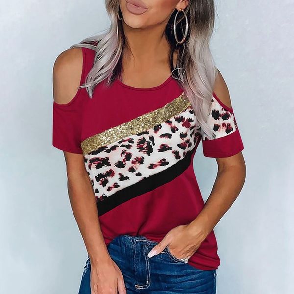 

women's 0.# luipaard off shoulder hollow out short mouwen print sequin patchwork t-shirt stitches lent summer t-shirts, White