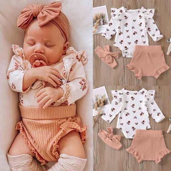 

newborn infant baby girls flower print clothes romper pants hairband outfits set newborn baby clothes meisjes kleding e1, White