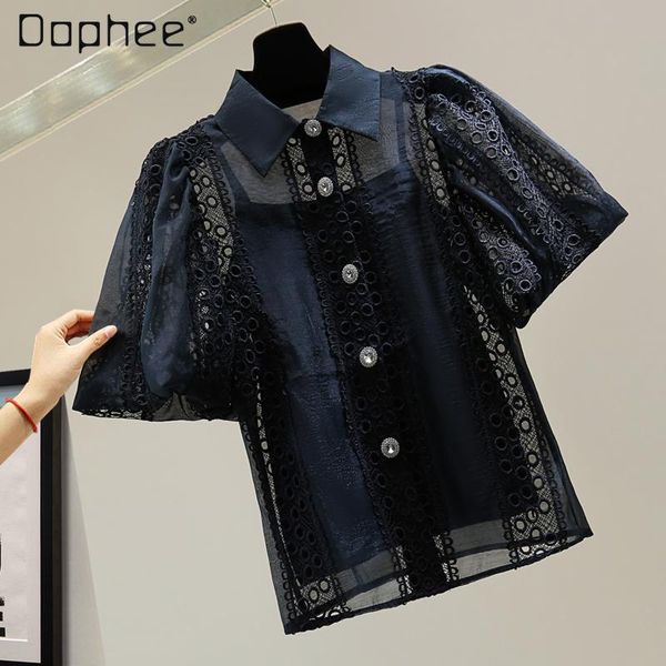 

women's blouses & shirts 2021 summer lace embroidered hollow puff sleeve rhinestone buckle see-through two-piece shirt, White
