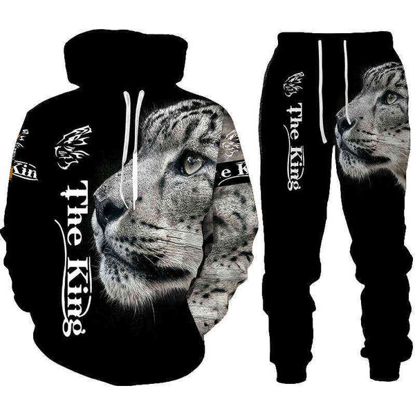 Ferocious Leopardo 3D Impresso Hoodie + Calças Preto Tracksuit Homens Mulheres Moletons Dois Parte Sets Manga Longa Roupas Masculinas Terno G1217