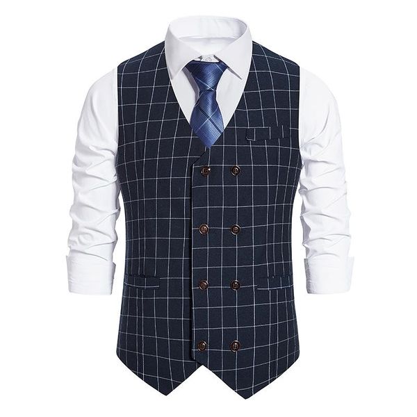 

men's vests parklees 2021 blue plaid formal mens vest double breasted slim waistcoat steampunk wedding gentleman groomman gilet homme, Black;white