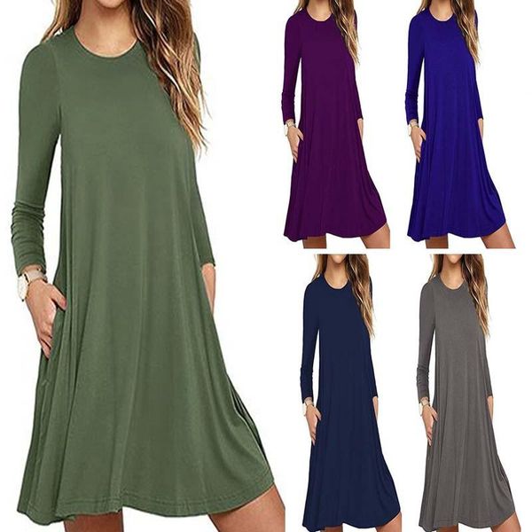 

casual dresses women 2021loose boho vintage spring winter full long sleeve bedress large big cotton party pocket plus sizes, Black;gray