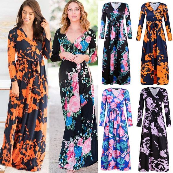 

casual dresses women long sleeved dress spring and autumn floral printed v-neck high waist streetwear, Black;gray