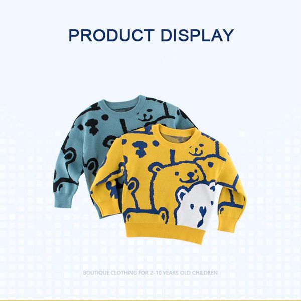 

(1-9y) autumn and winter children's cartoon dinosaur bear pullover knitted sweater fashion casual cartoon dinosaur sweater, Blue