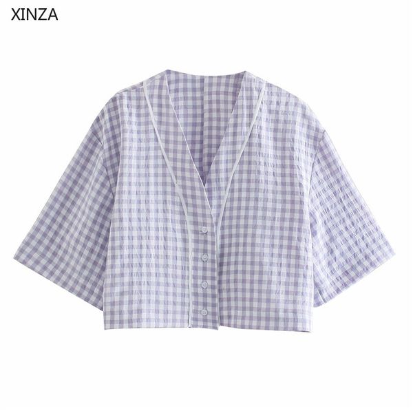

women's blouses & shirts women plaid crop shirt short sleeve loose vintage blue summer feminine fashion button up casual ging, White