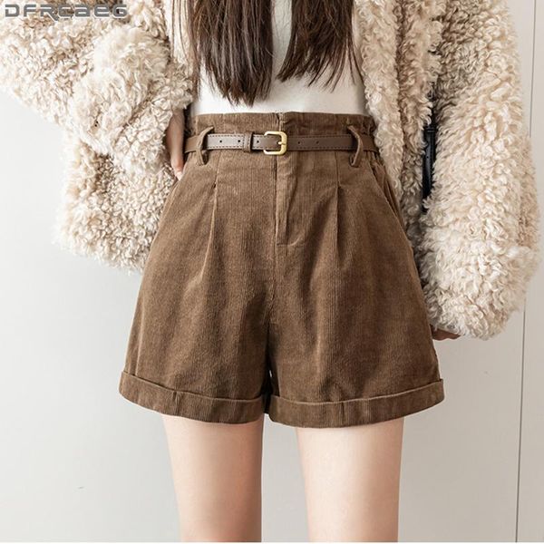 

women's shorts streetwear elastic high waist loose wide leg winter corduroy fashion korean style belt short mujer, White;black