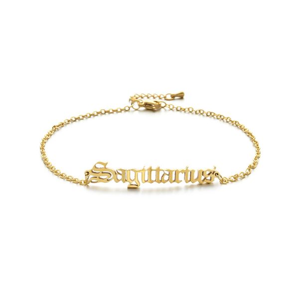 Old English 12 Zodiac Bracelet Chain Link Para Mulheres Banhado a Ouro Aço Inoxidável Leão Capricórnio Sagitário Virgem Aquário Letra Pulseiras