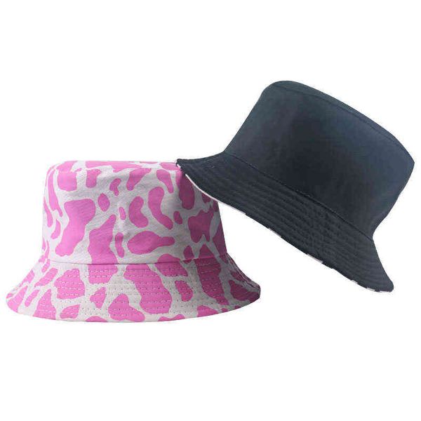 New Fall Fashion Black Pink Cow Print Bucket Hats Women Fisherman Caps Autunno G220311