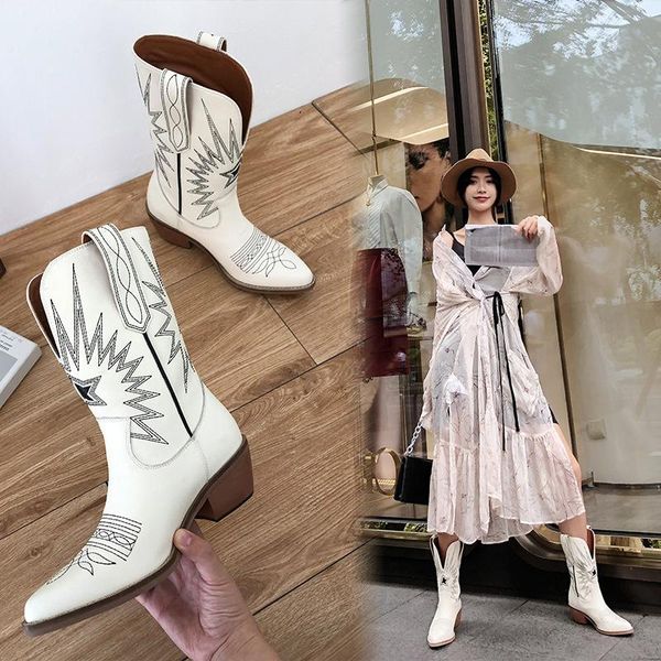 

boots genuine leather pointed embroidery heel western personalized short female cowboy, Black