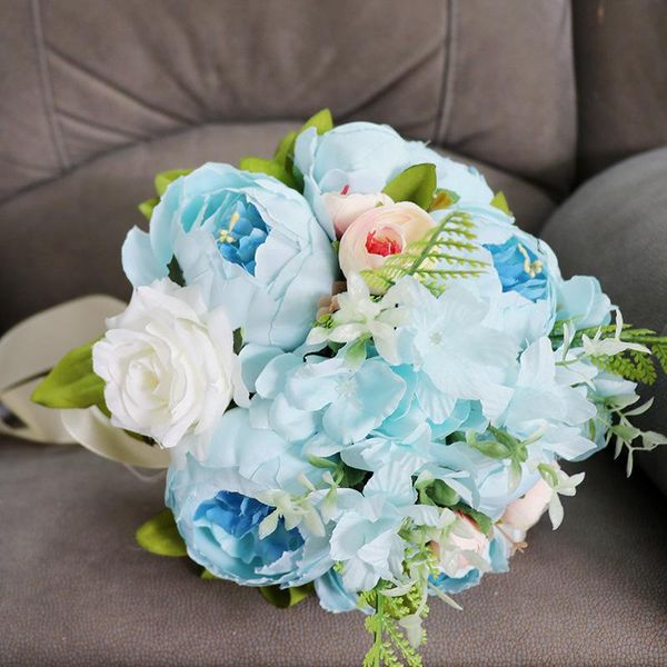 

wedding flowers beautiful blue bouquet white bridal green leaves silk peony party accessories home decoration