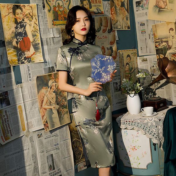 

spring summer vintage elegant womens qipao oriental 8-button split cheongsam modern slim chinese long silk novelty dress, Red