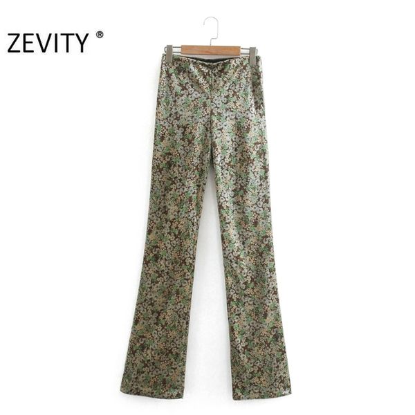 

zevity women vintage flower print slim velvet pencil pants femme side zipper fly trousers lady retro casual chic p958 210925, Black;white