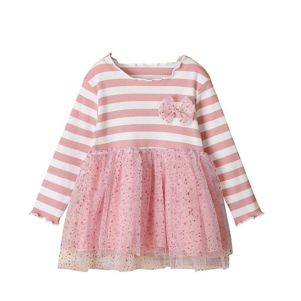 

kids baby girls kawaii pink princess dress ribbed knitted bowknot stripe dress floral mesh tulle children clothes for girl, Red;yellow