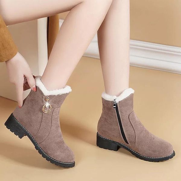 

boots women winter outdoor keep warm fur waterproof womens snow thick heel high round head short shoes, Black