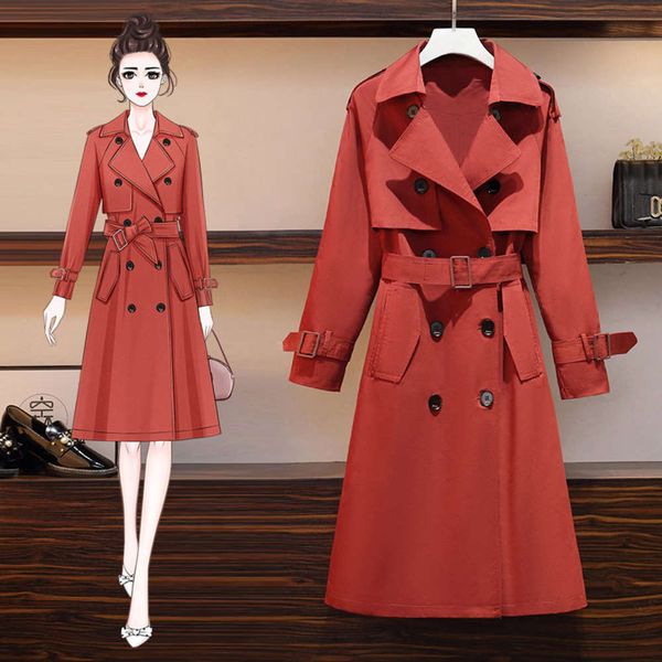 

large women's 2020 autumn new fat sister show thin cover meat windbreaker medium length over knee temperament coat, Tan;black