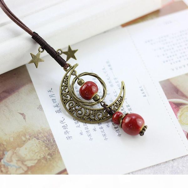 

vintage moon ceramic beads necklace double star boho women statement jewelry adjustable rope chain long sweater necklace cn01, Silver