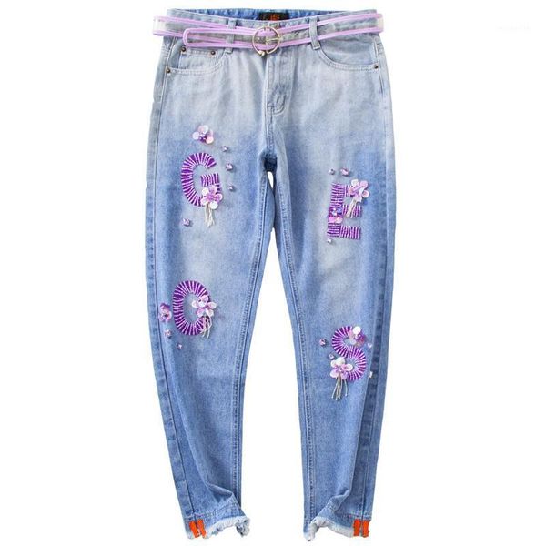 

spring fashion handmade beaded rhinestone women sequined personality jeans straight flared pants light blue women's