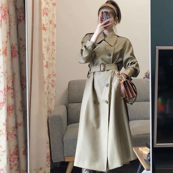 

women's trench coats french retro long trend coat casual autumn winter double breasted windbreaker sleeve fashion outwear overcoat, Tan;black