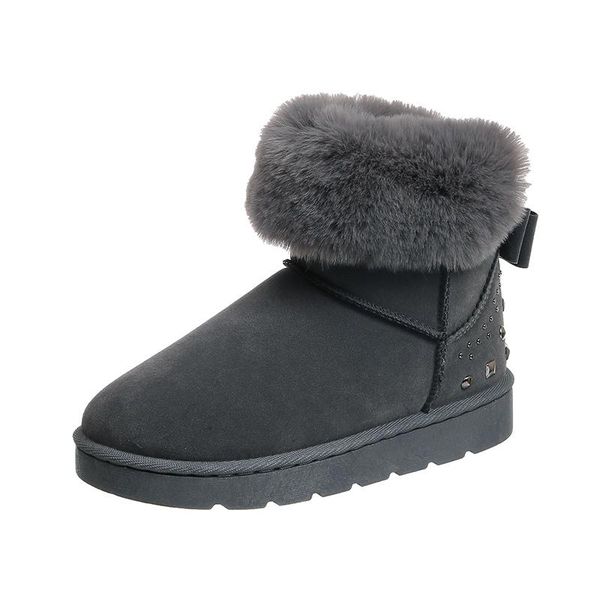 

boots fad warm plush women shoes woman winter snow rivet bow knot thick bottom flat platform plus size slip on ankle, Black